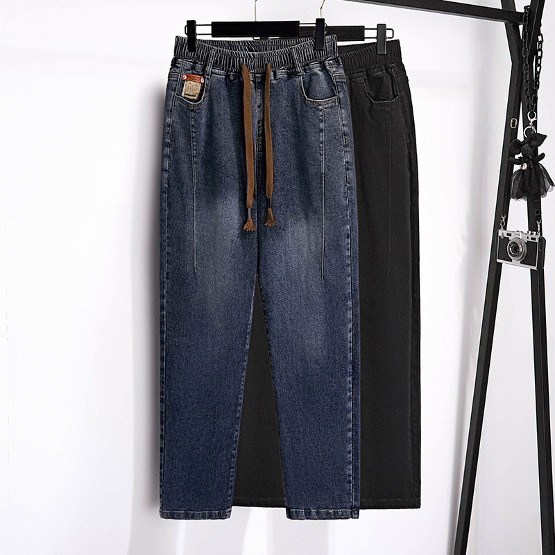 155Kg grande taille femmes hanche 150-160 printemps automne jean ample taille haute pantalon Denim décontracté noir bleu 5XL 6XL 7XL 8XL 9XL