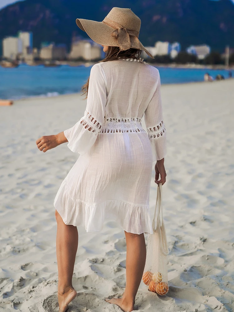 Robe de plage cache-maillot avec décorations en boules, cardigan léger et transparent à franges à nouer, style ajusté et sexy