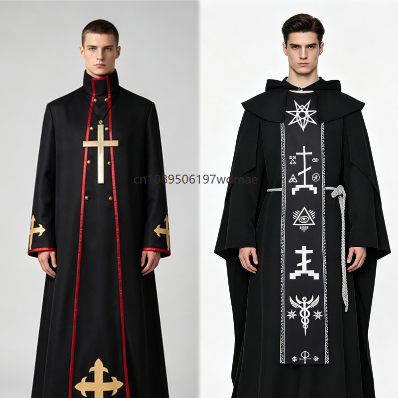 Costume de Prêtre pour Hommes Adultes, Robe de Clergé Noire, Costume de Scène Médiéval, Manches Longues, Col Debout, Uniformes de Pasteur d'Église