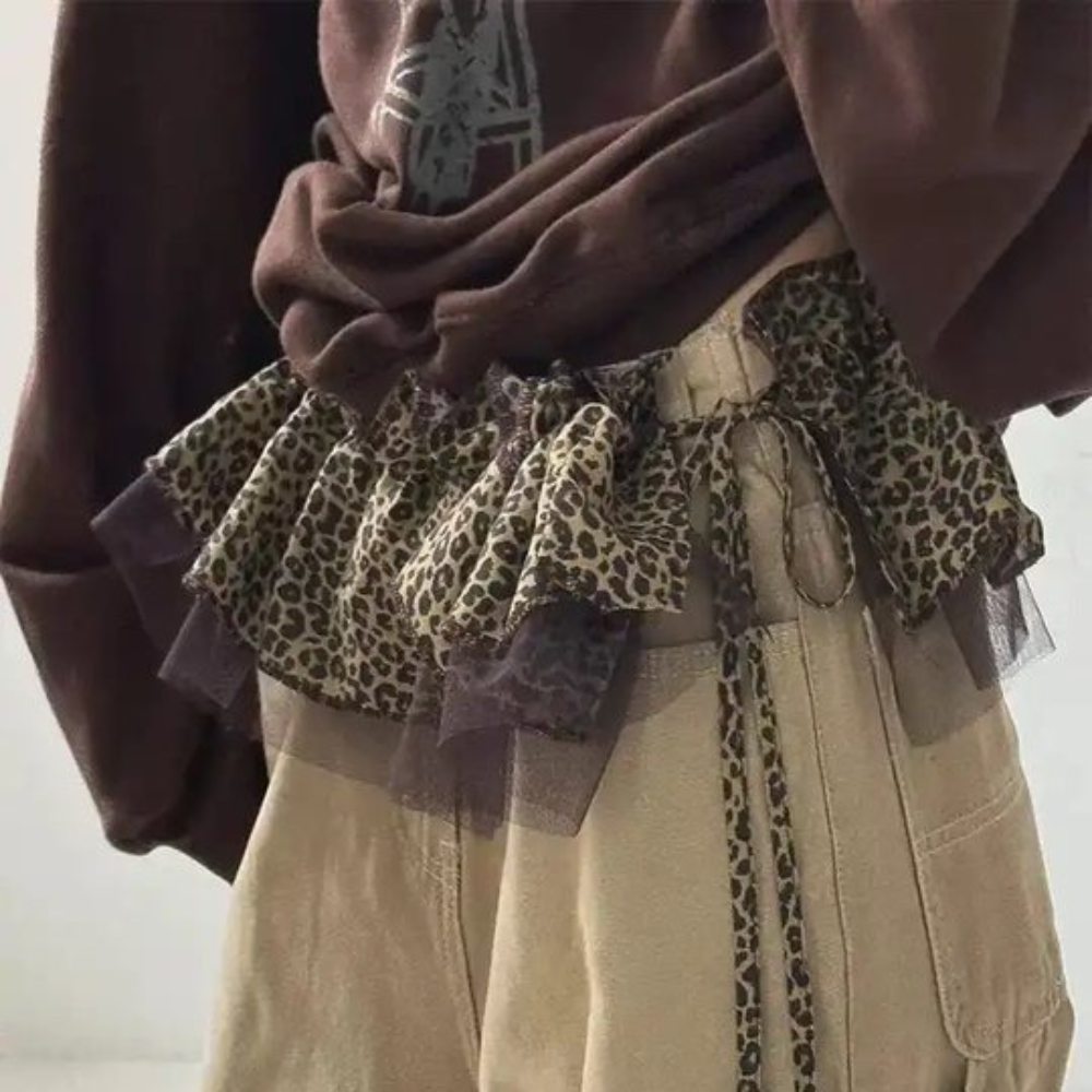 Hip-hop imprimé léopard hanche écharpe jupe douce maille à volants bord ceinture Y2K chemise extension couche tenues ceinture jean décor