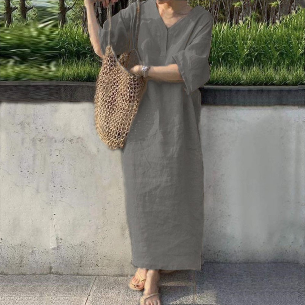 Robe longue en coton et lin pour femmes, manches courtes, col en v, couleur unie, décontractée, ample, vêtements élégants, été, 2024