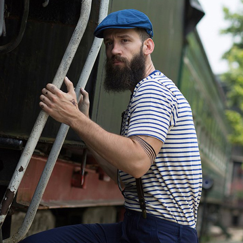 Akkad Kuti-T-shirt Vintage à Rayures Bleues et Blanches pour Homme, Vêtement en Coton Lourd, Décontracté, Streetwear, Unisexe