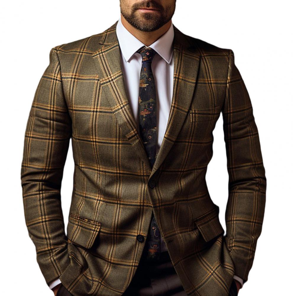 Veste de Costume Homme Formelle Style Business Coupe Slim Imprimé Carreaux Manches Longues Fermeture à Bouton Unique Longueur Moyenne Cardigan Droit Manteau de Travail