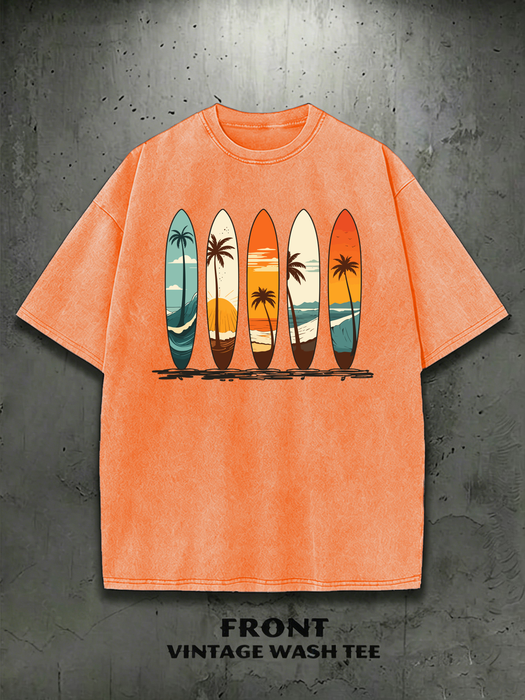 T-shirt décontracté respirant en coton pour homme, motif plage, cocotier et planche de surf, style hip-hop, lavé, toutes saisons, idéal pour l'été