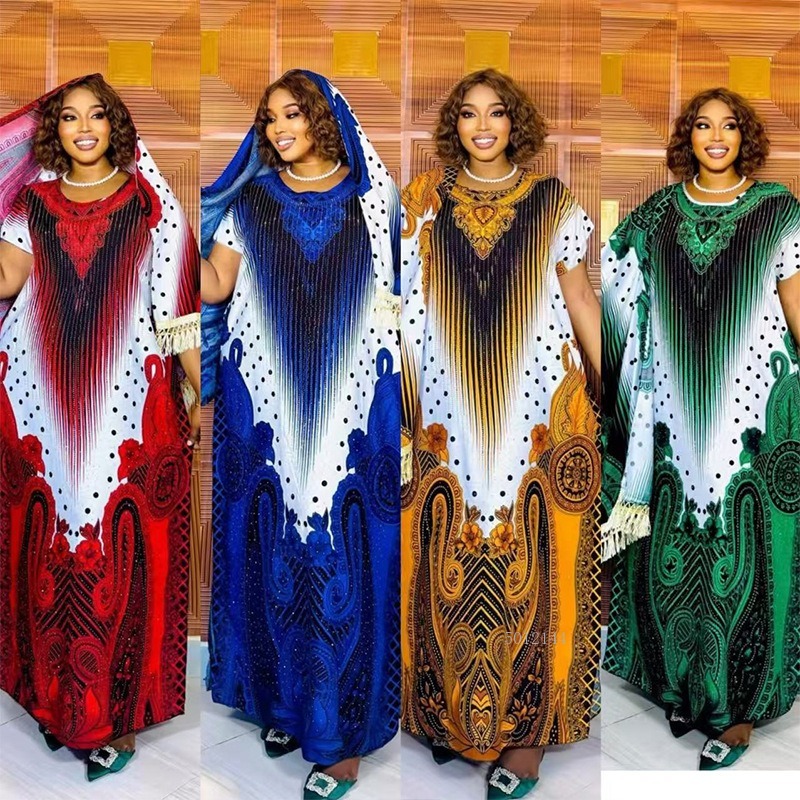 Robe longue africaine pour femme, grande taille, avec imprimé et strass, foulard inclus, Nouveauté 2026
