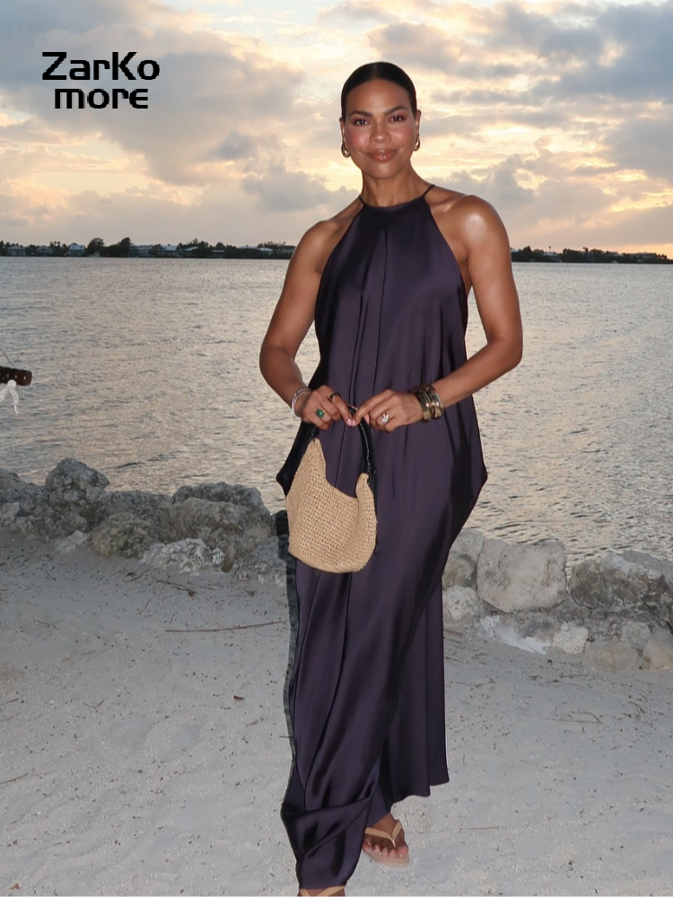Robe Maxi en Satin pour femmes, Sexy, dos nu, écharpe, ample, col rond, sans manches, plissée, Robes de soirée, Chic, vacances, été, 2025