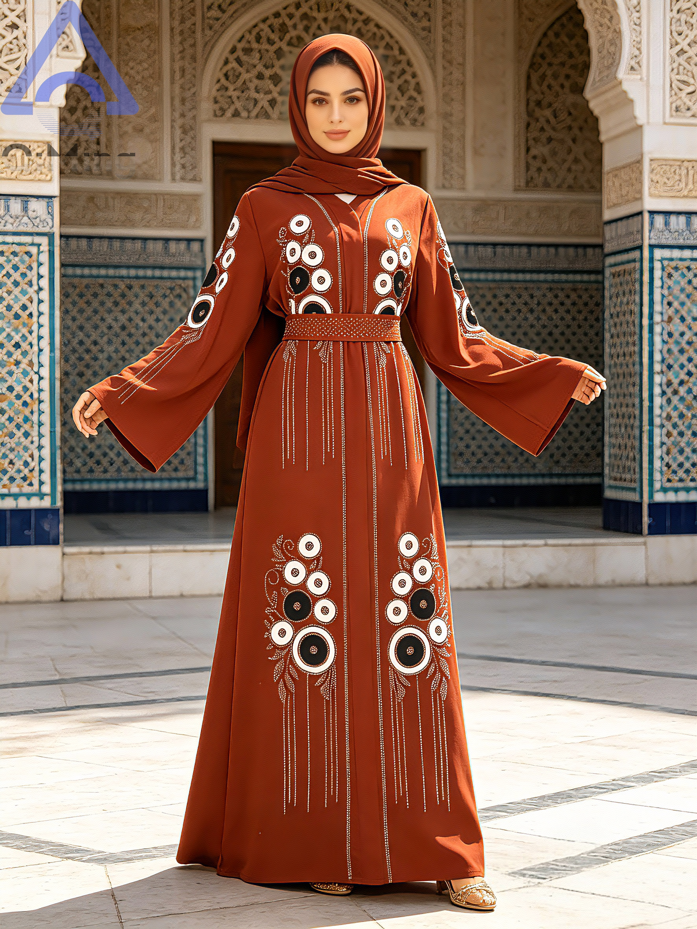 Robe longue Kaftan Abaya africaine en strass avec écharpe couleur terre cuite, manches chauve-souris, tenue de soirée modeste pour femme musulmane, pour l'Aïd et les mariages