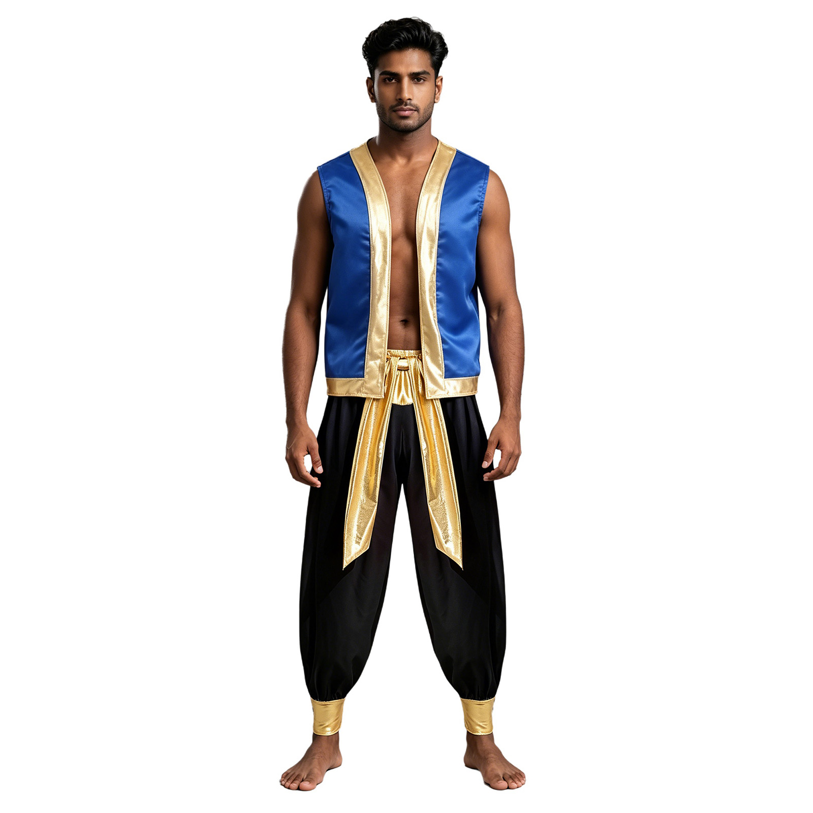 Costume de prince arabe pour homme adulte, tenue de cosplay de capitaine, veste brillante à ouverture frontale avec garniture scintillante et pantalon long à ceinture