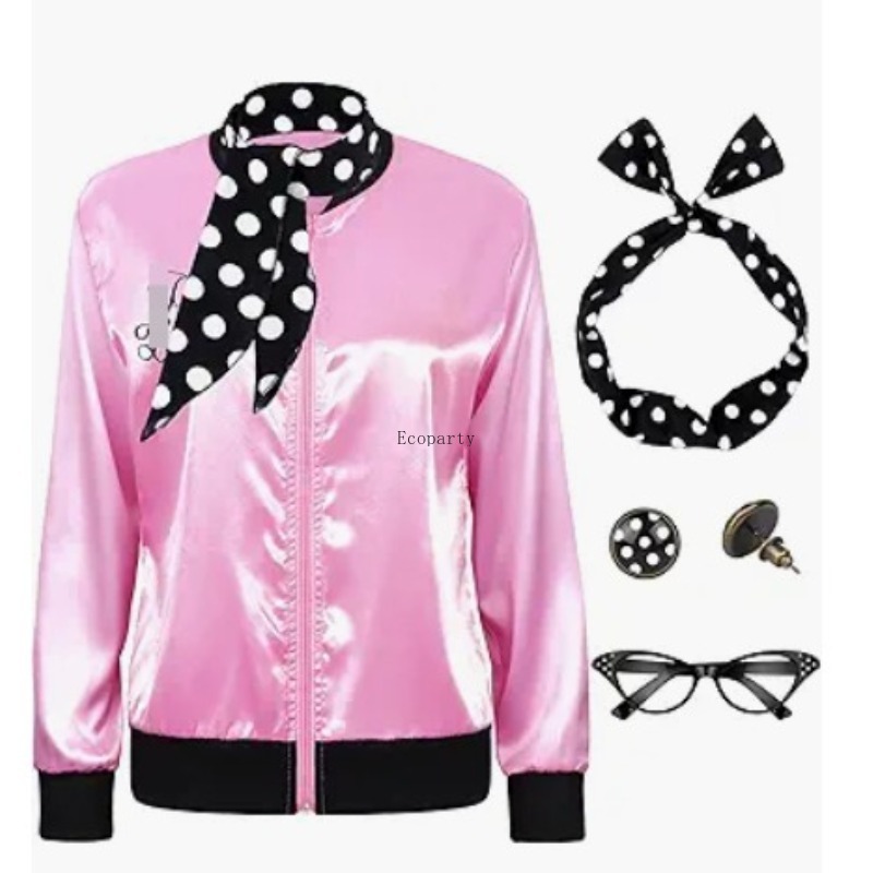 Ensemble de déguisement pour femme des années 1950, 5 pièces, veste en satin rose avec écharpe à pois, bandeau, boucles d'oreilles, lunettes, costume de fête d'Halloween
