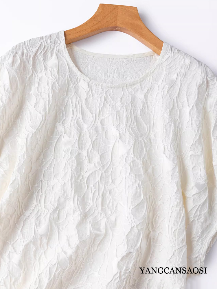 T-shirt décontracté d'été pour femme en 35% soie de mûrier naturelle, texture feuille, crêpe GuanLe entrelacé, col rond, manches lanternes