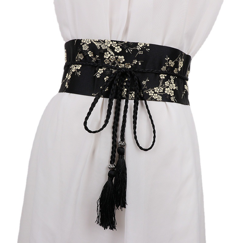 Ceinture brodée florale Vintage pour femmes, élégante, Style chinois, nœud papillon, ceinture enroulée avec glands pour vêtements habillés