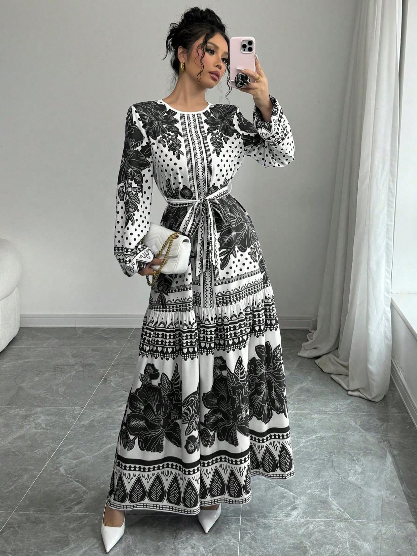 Robe ceinturée à imprimé Floral pour femmes, robe élégante et décontractée à manches longues pour un usage quotidien en plein air, robe d'été pour femmes