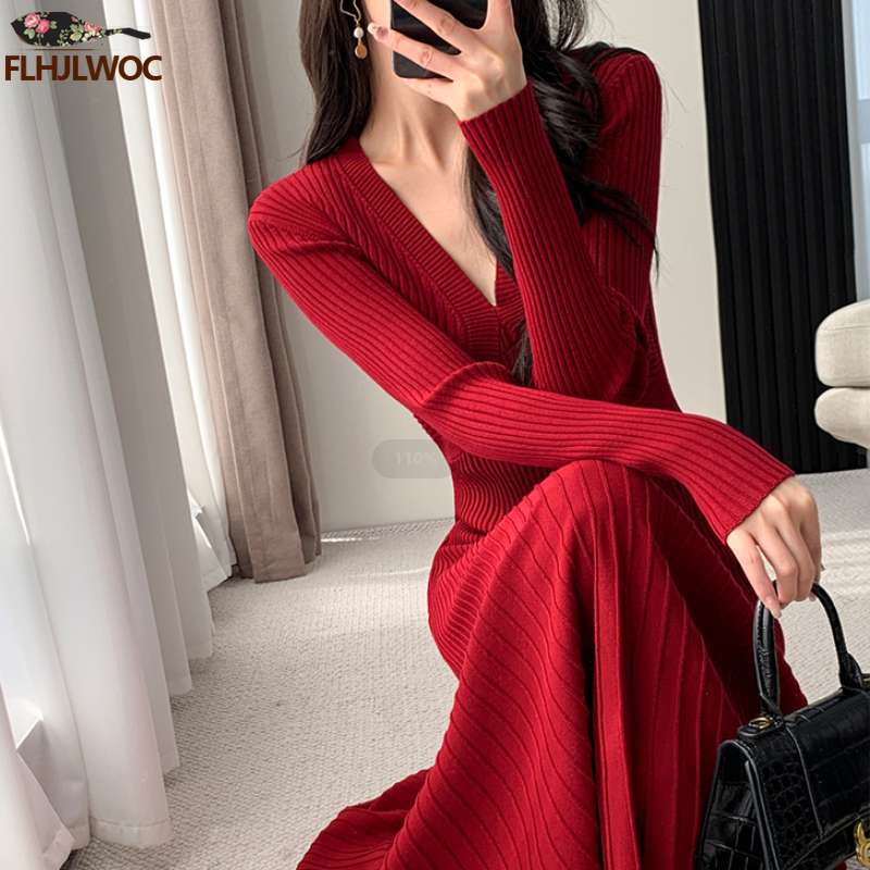 Robe pull longue à col en V pour femme, vêtements de base, design de style français, coupe couvertes, ligne A, nouvel an, rouge, éducatif, printemps, hiver