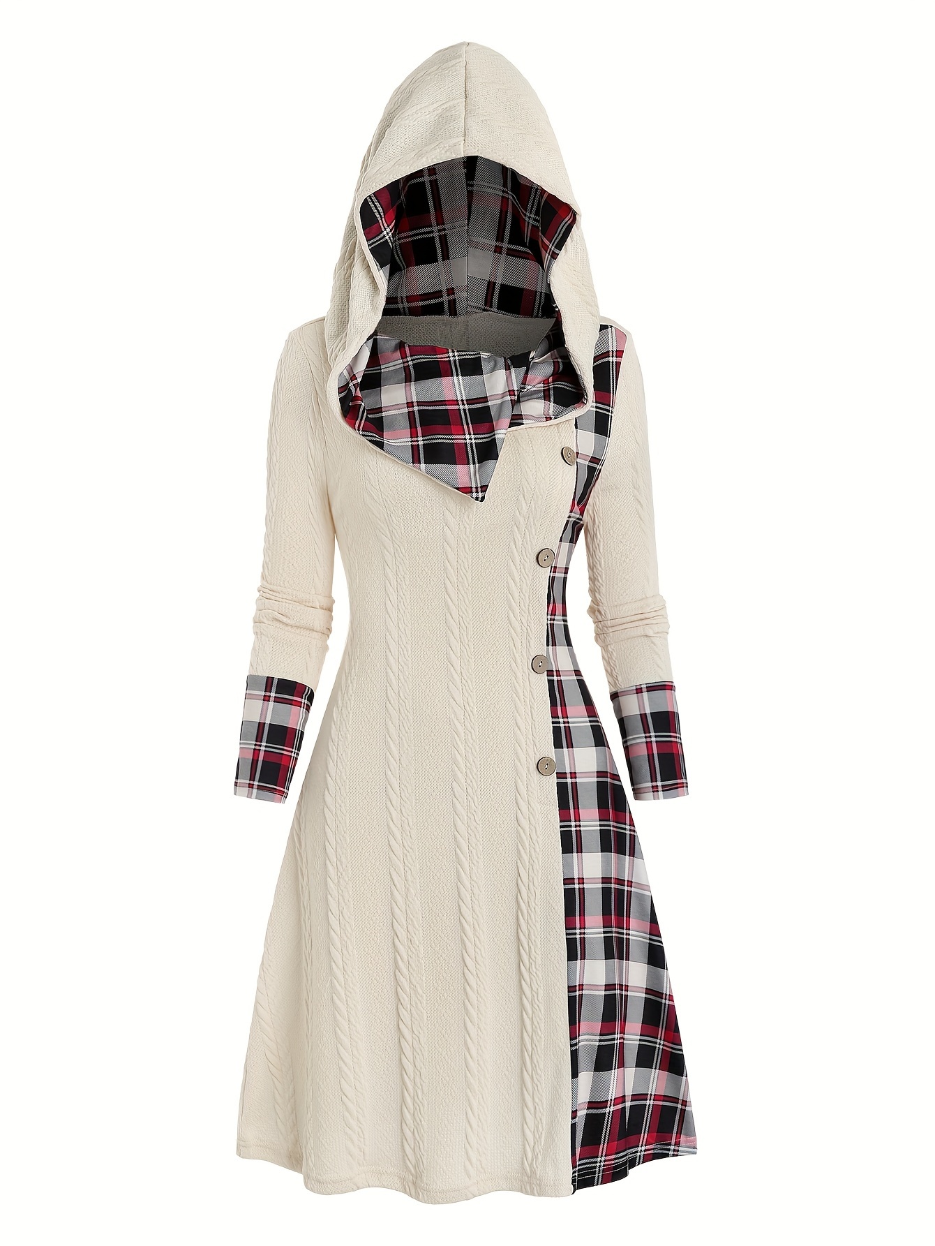Robe tricotée à capuche, imprimé à carreaux, couture, fausse boucle, taille haute, manches longues, robe trapèze pour femme