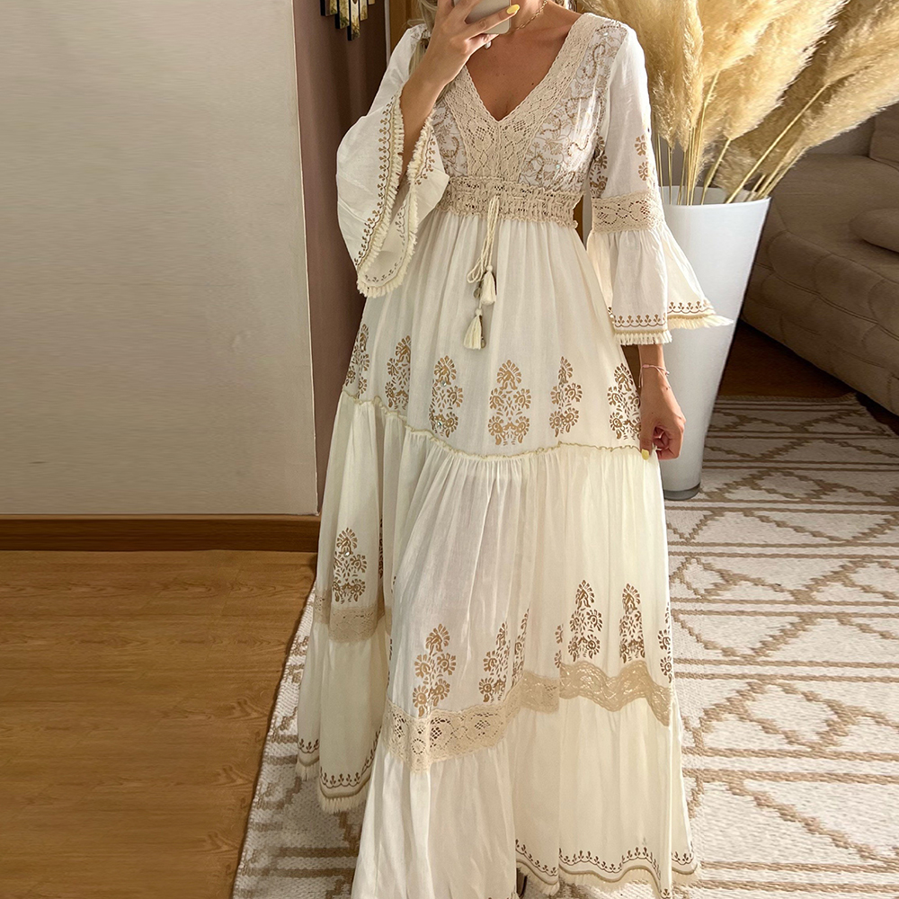 Robe décontractée élégante pour femme en dentelle et maille, col rond, manches longues évasées, style vintage bohème, robe longue de vacances, Vestidos