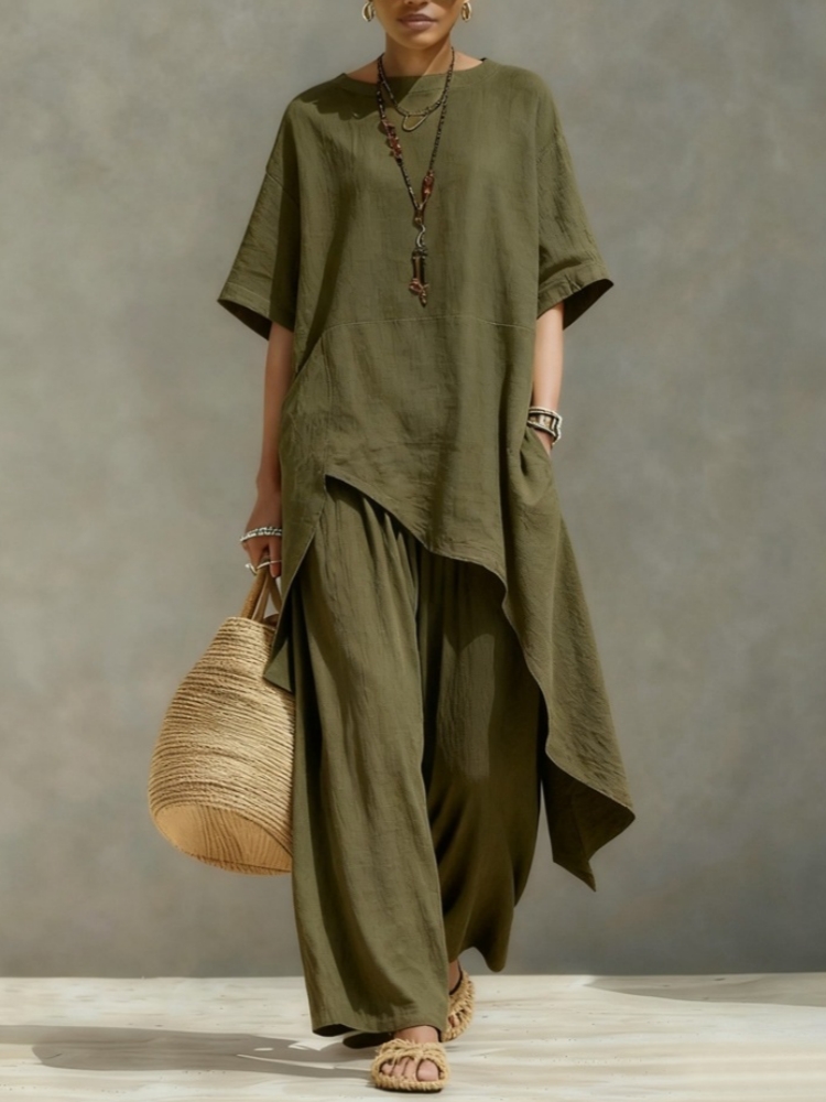 Ensembles pantalon et chemisier en coton et lin pour femme, 2 pièces, décontractés, chemisier ample à manches courtes et coupe irrégulière, pantalon large à taille élastique