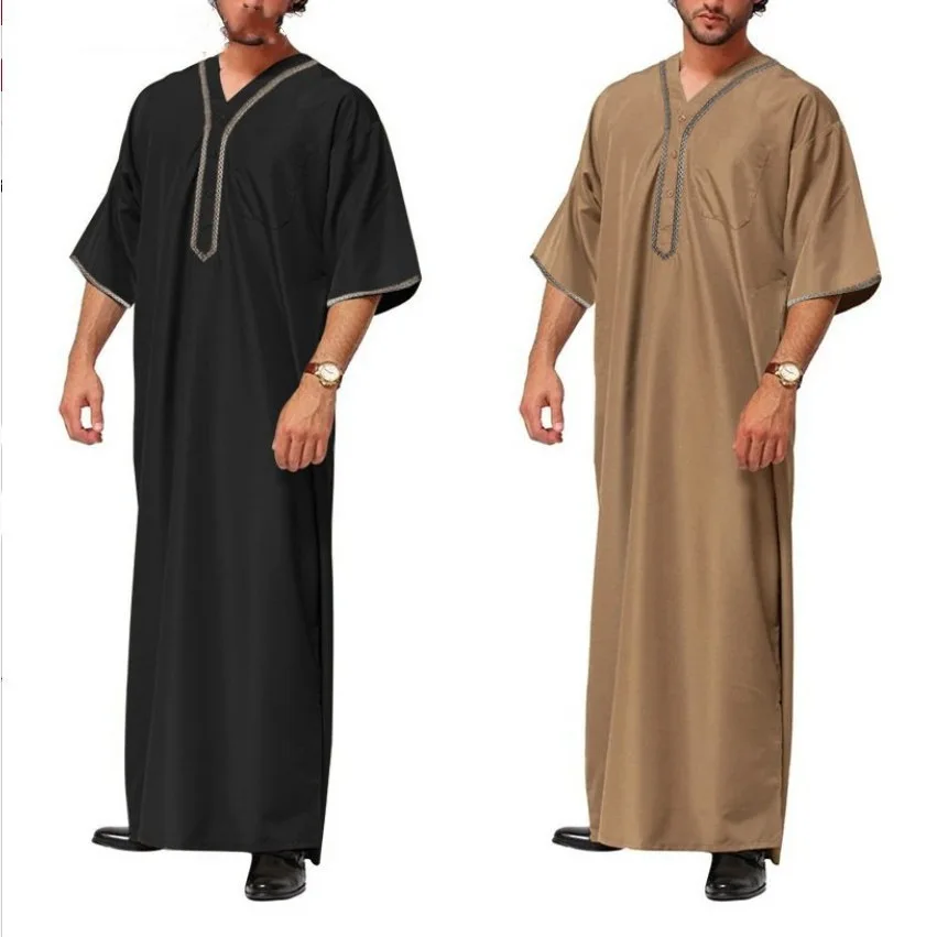 Robe brodée classique à manches courtes pour hommes, robe musulmane islamique, style ethnique arabe de Dubaï, robe formelle décontractée pour hommes, document solide, nouveau