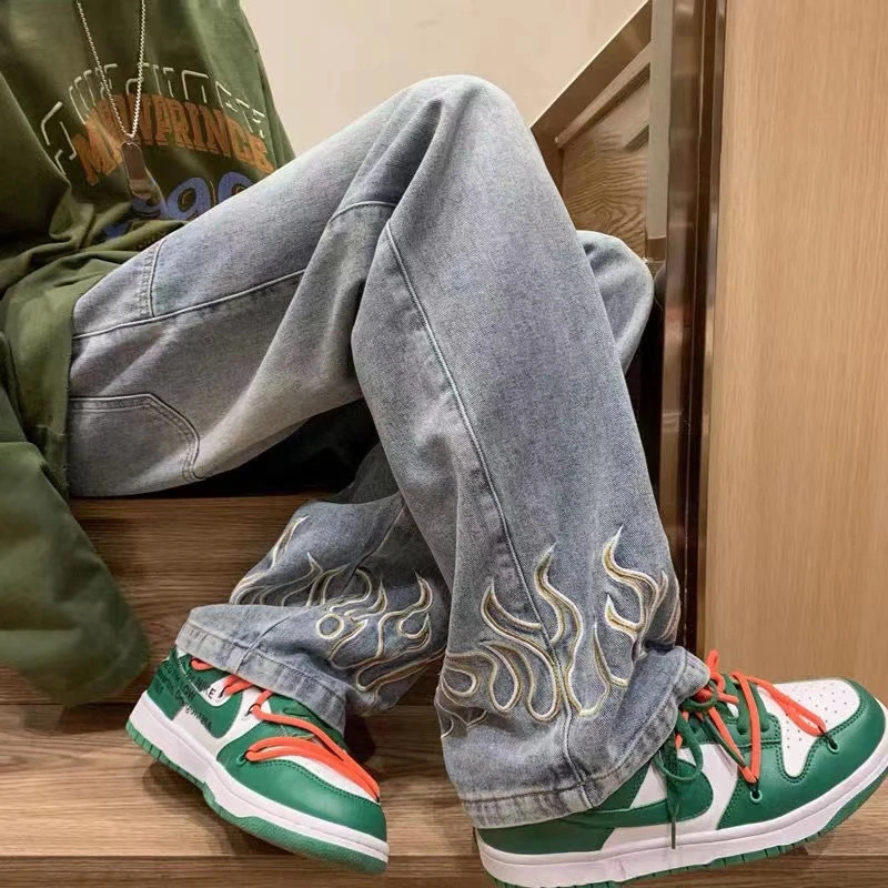 Jean à Jambes Larges pour Homme, Vêtement en Denim, avec Broderie de Flamme, Style Baggy Hip Hop, Décontracté, à la Mode, 2023