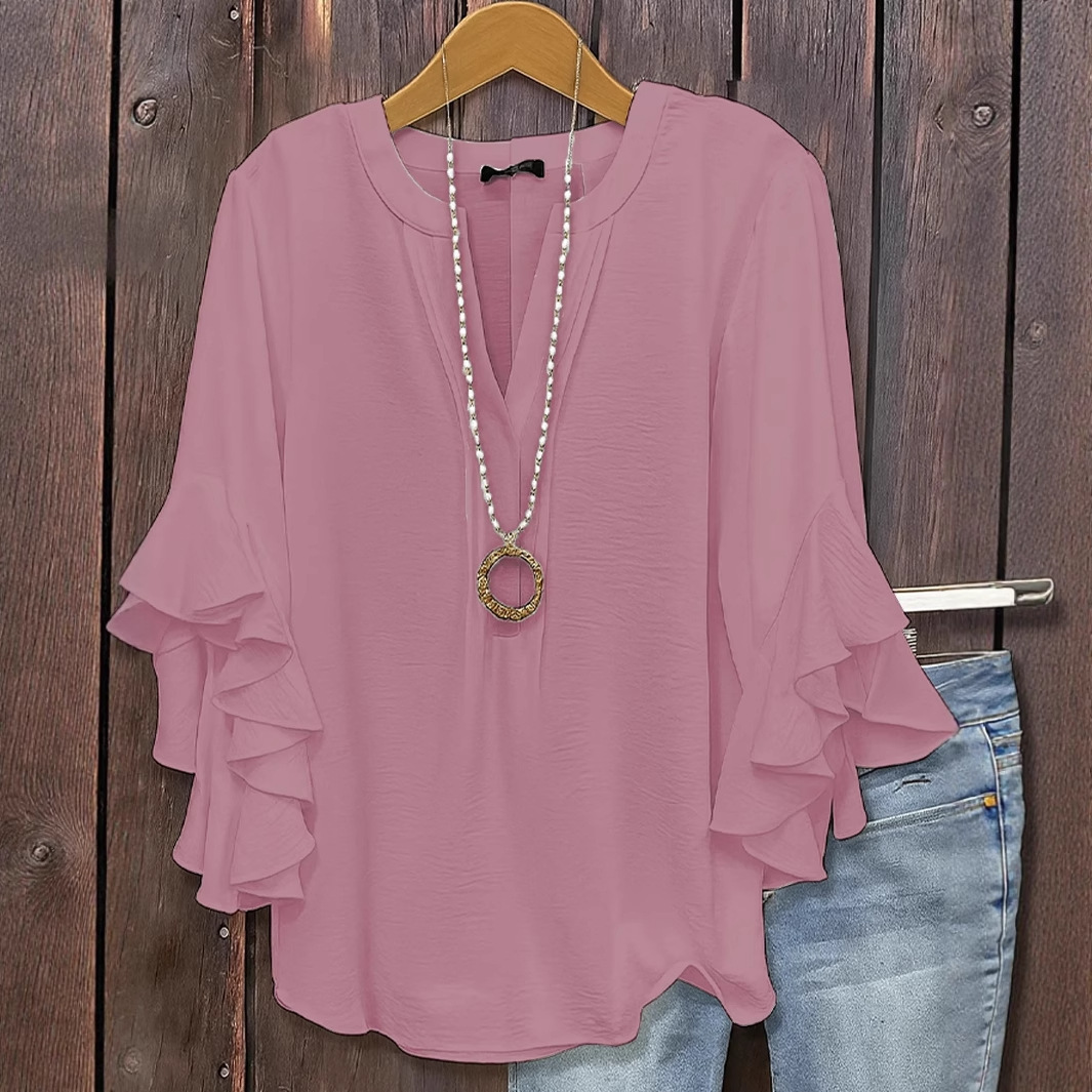 Femmes à volants col en V 3/4 à manches longues Blouse ample chemises mode d'été femme couleur unie affaires vêtements de travail OL haut blouse