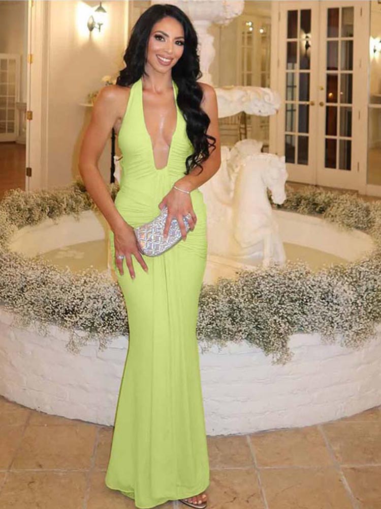 Col en V profond drapé froncé Sexy robe Maxi femmes mode d'été licou sans manches dos nu Club fête longue robe élégante