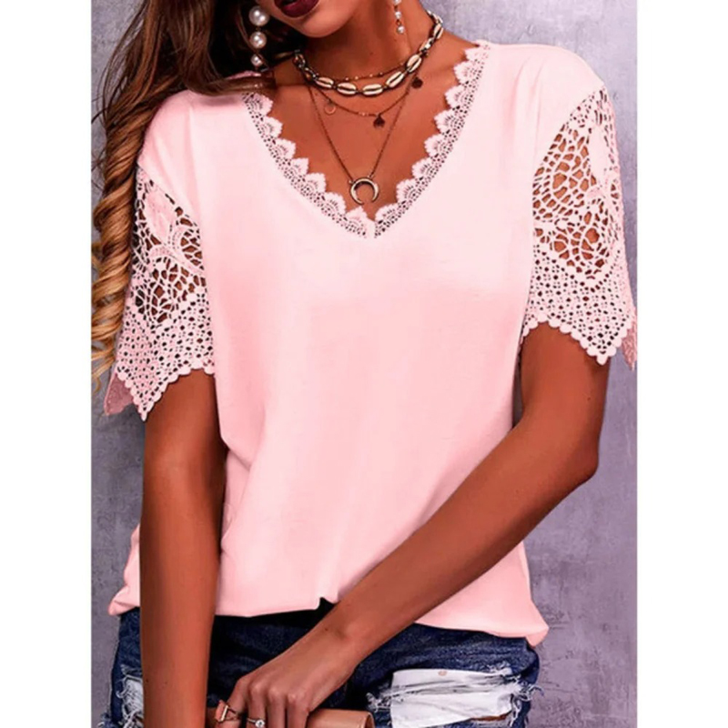 Vintage mode dentelle à la mode femmes t-shirts décontracté élégant Chic surdimensionné Blouses t-shirts couleur unie haut femmes vêtements
