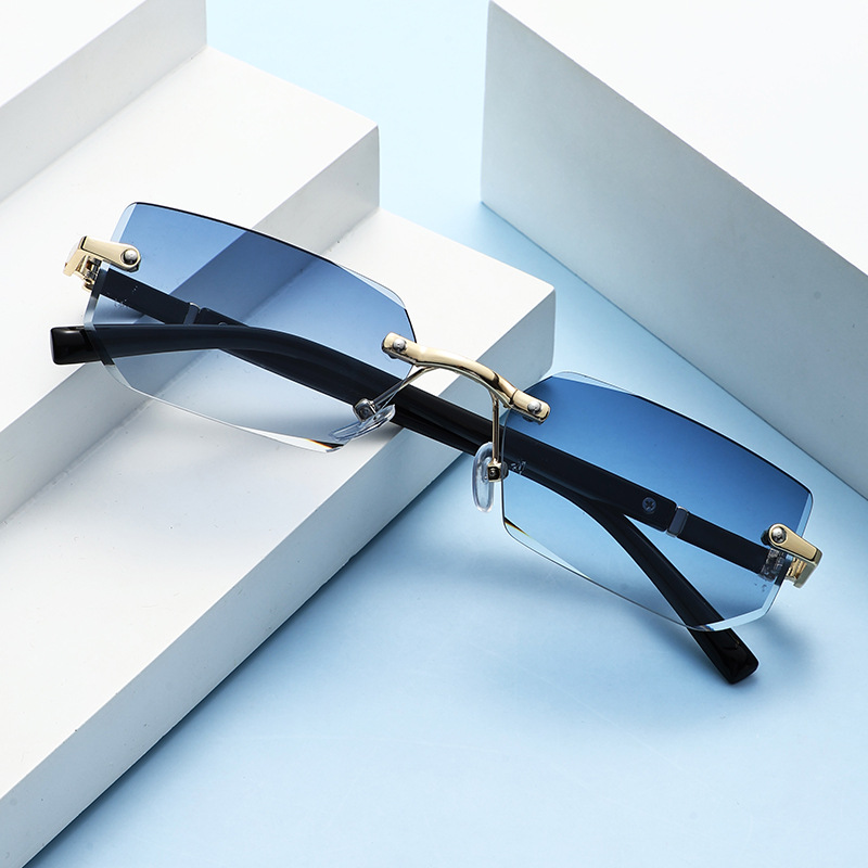 Lunettes de soleil sans monture tendance pour hommes et femmes, verres de soleil rectangulaires sans cadre, nuances rétro, lunettes de voyage d'été UV400