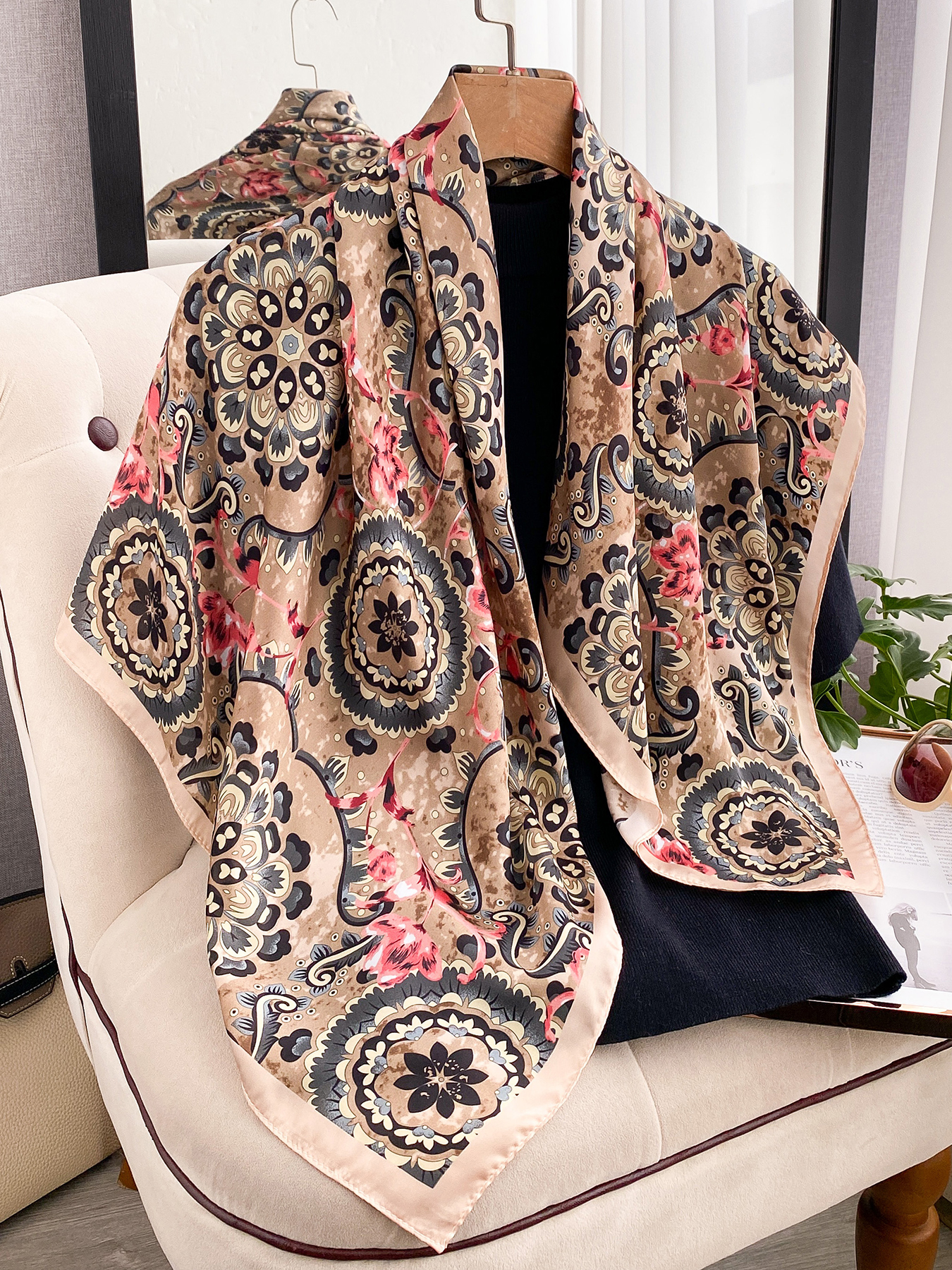 Écharpe en soie imitation rétro de style européen, imprimée, 90x90cm, carré, foulard pour femmes, châles, bandana, hijabs pour femmes