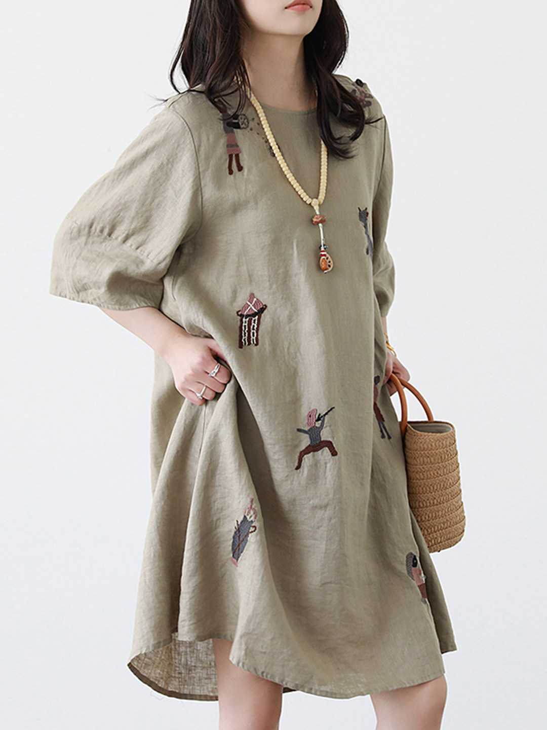 Robe d'été décontractée et confortable pour femme, broderie vintage de dessins animés, col rond, manches courtes, en coton et lin