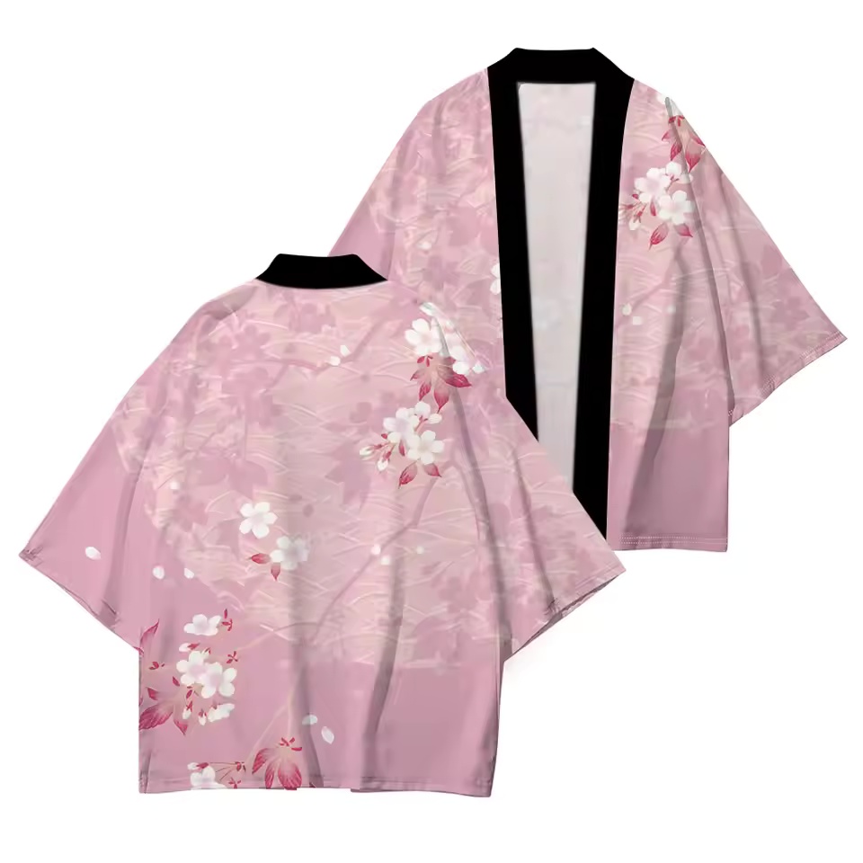 Robe traditionnelle japonaise, kimono japonais à imprimé fleurs de cerisier, confort décontracté, kimono de haute qualité à manches courtes pour l'été