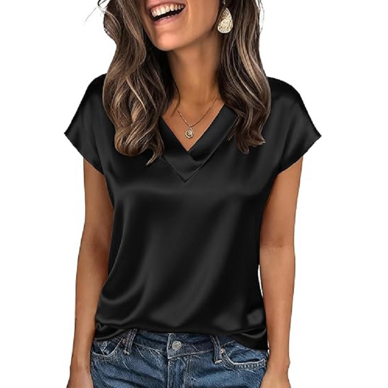 Nouvelle chemise en satin d'été 2026 pour femme, à manches courtes et col en V, chemisier ample et soyeux pour le bureau, Blusas De Mujer
