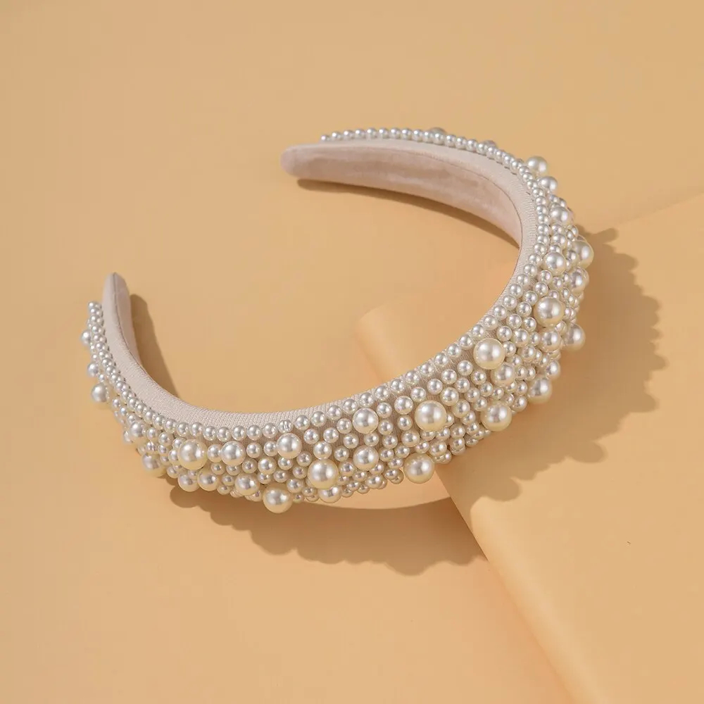 Cerceau de cheveux large fait à la main pour femmes, bande de sauna pour patients de mariage, vêtements de sauna pour filles, bijoux de mariage, perle blanche, accessoires pour cheveux, 2023