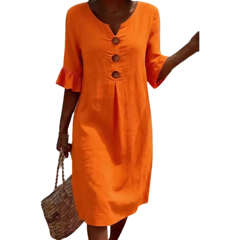 Robe en coton et lin à col en v pour femmes, nouveau style printemps-été, jupe mi-longue boutonnée sans manches, confortable, décontractée, à la mode