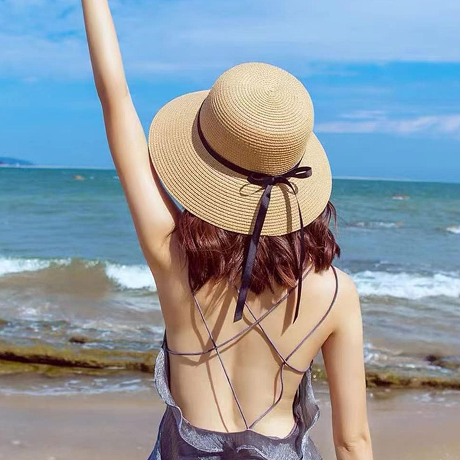 Chapeaux de plage pour femmes adultes, casquettes de protection solaire simples, chapeaux de paille d'été pour femmes, chapeaux de soleil pliables avec nœud pour voyage