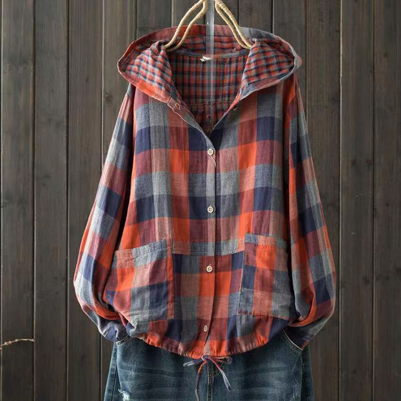 Chemises à carreaux à boutonnage simple à manches longues pour femmes, chemisiers grande taille, chemise surdimensionnée, haut à capuche, automne, printemps, 600