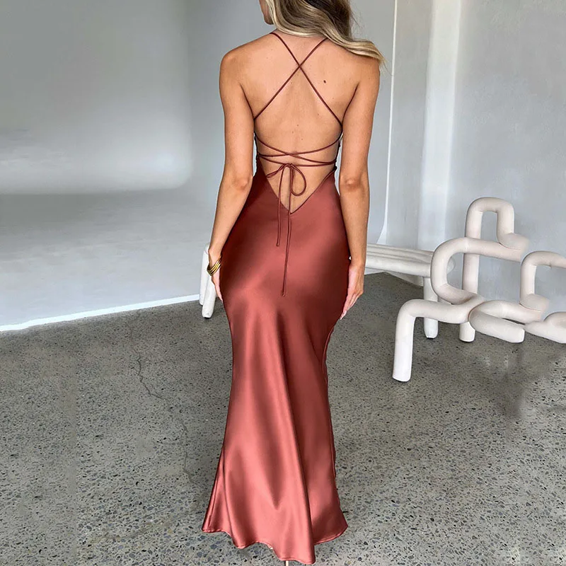 Robe sirène en Satin pour femmes, Sexy, bretelles Spaghetti, élégante, dos nu, à lacets, sans manches, Slim, moulante, longue robe de soirée