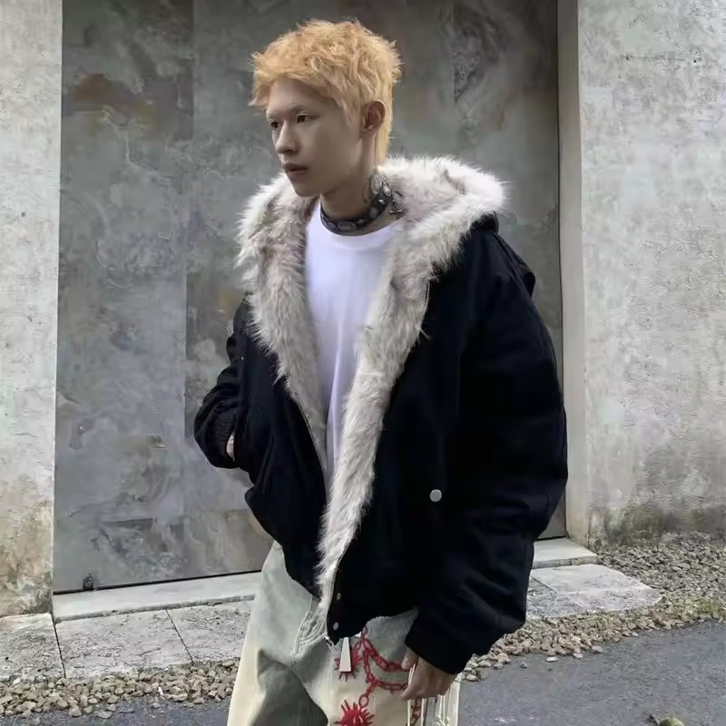 Vêtements chauds d'hiver pour hommes et femmes, manteau rétro Simple en peluche, vêtements de sport, nouvelle veste ample en coton à capuche, Punk, col en fourrure, veste pour Couple