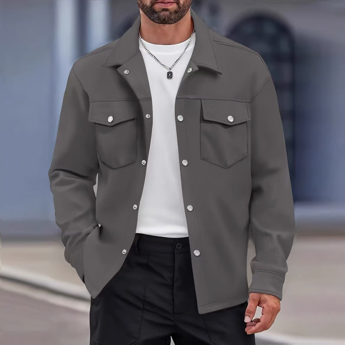 Veste chemise décontractée pour homme à col à revers, poches poitrine, manches longues, coupe ample, style streetwear