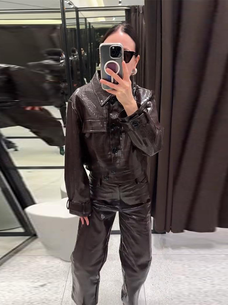 Ensemble pantalon en cuir pour femmes, Chic, simple boutonnage, vestes à manches longues, taille élastique, pantalon droit, costume, tenues pour dames, 2025