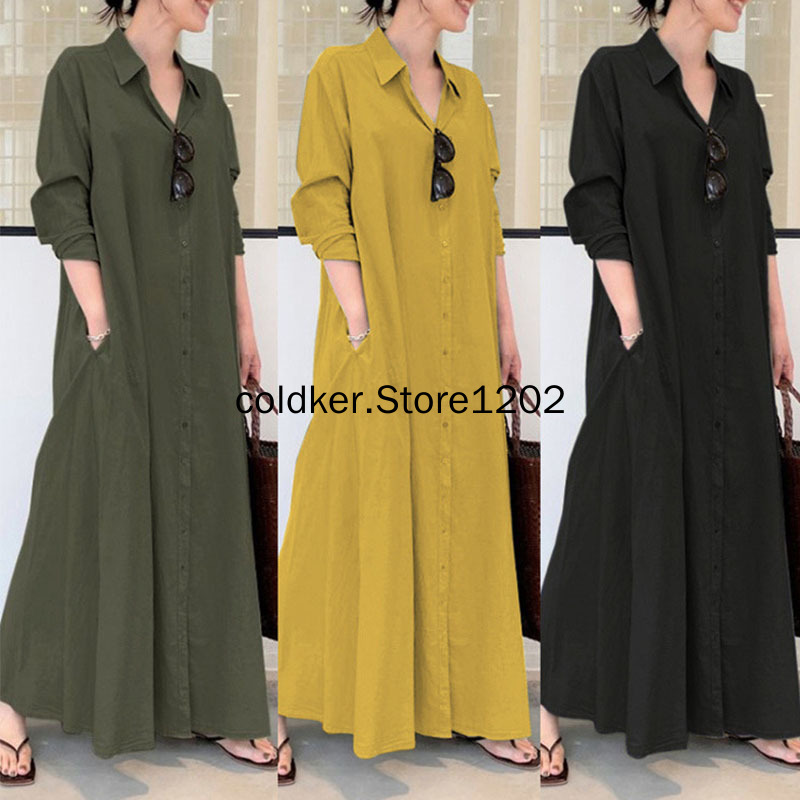 Longue robe de plage pour femmes, style Boho, décontractée, Simple, couleur unie, revers, manches longues, poches, soirée, large, Maxi, 2022
