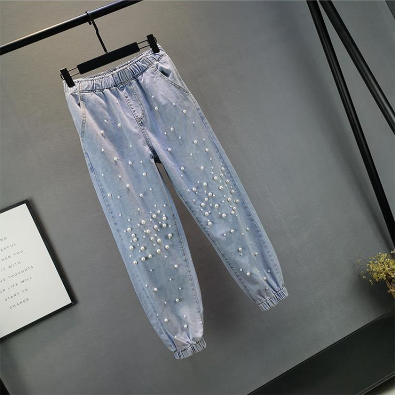 Pantalon en jean tendance pour femme 2026, coupe ample, taille élastique, style harem perlé, type jogger