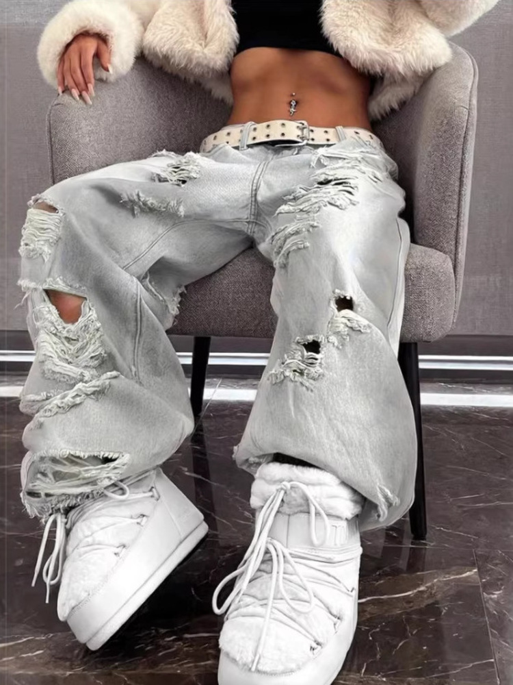 Jeans pour femmes style American High Street, déchirés, coupe droite, à jambe large, design Tie-Dye, pour la danse Jazz, style cargo, en jean fin