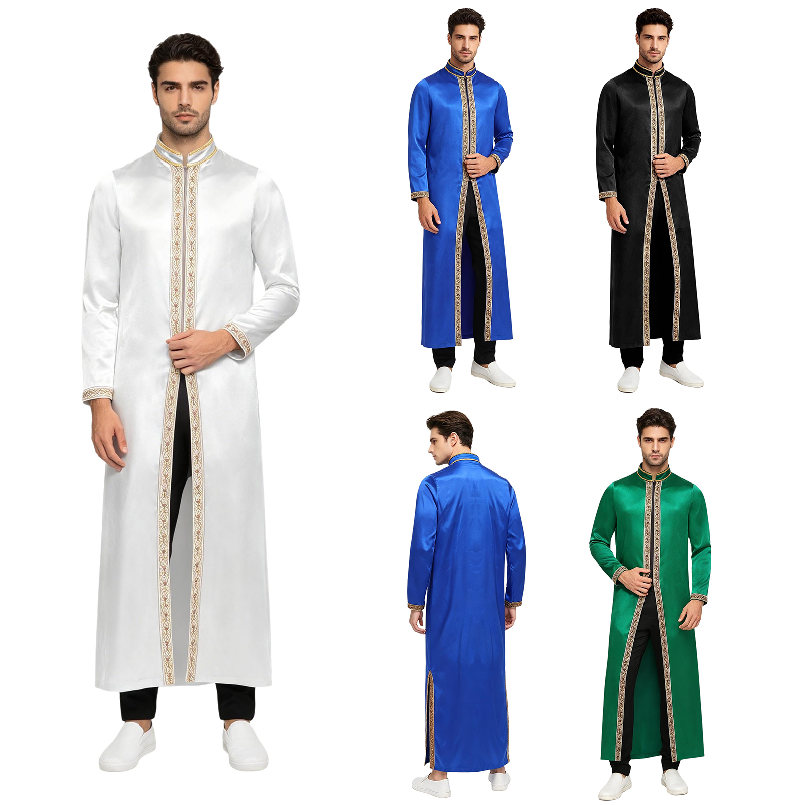 Robe musulmane islamique pour homme, en satin brillant avec bordure dorée, brocart, col montant, manches longues, fermeture éclair sur le devant, Kaftan Thobe, Abaya du Moyen-Orient, Arabie Saoudite