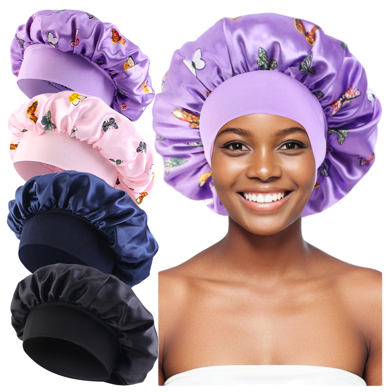 Bonnet de nuit en Satin à large bord, motif Floral, enveloppe pour cheveux, bonnet de nuit, bande élastique souple, soins capillaires, chapeau de douche, 4 pièces/lot