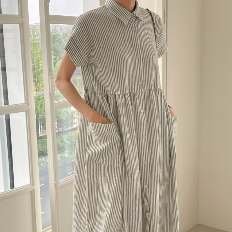 REALEFT-Robe chemise rayée à simple boutonnage pour femme, vintage, décontractée, droite, coréenne, poches, été, 2024