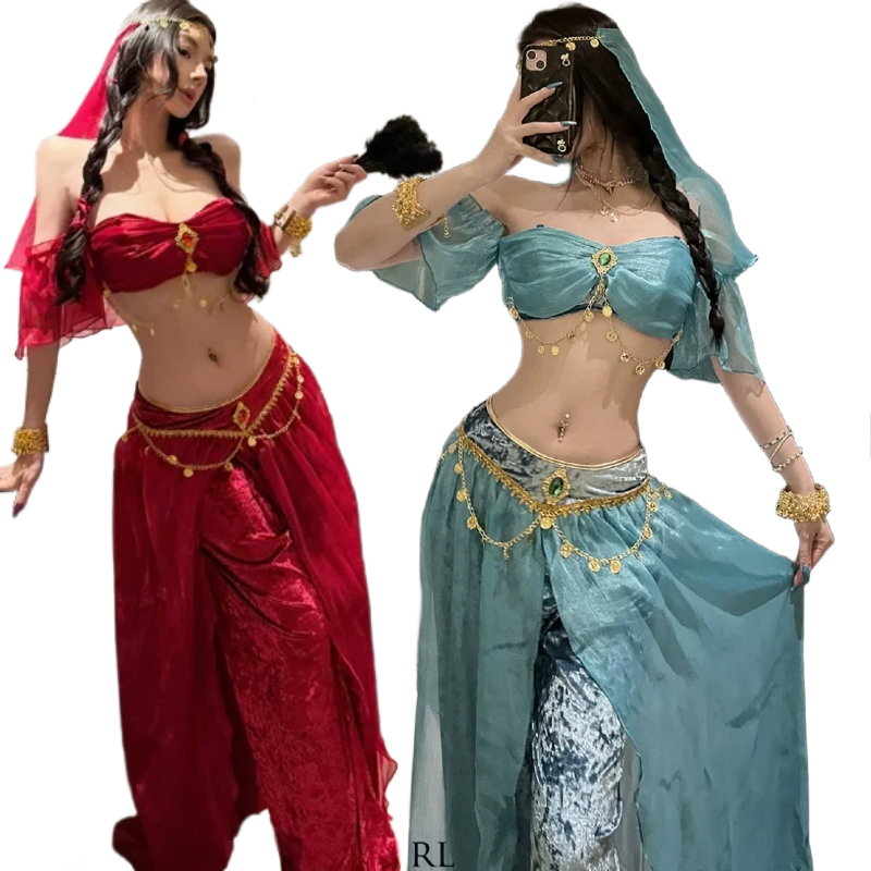 Costume de danse du ventre arabe exotique pour femmes, tenue de princesse Jasmine, déguisement de carnaval, robe de soirée sexy, costume d'Halloween