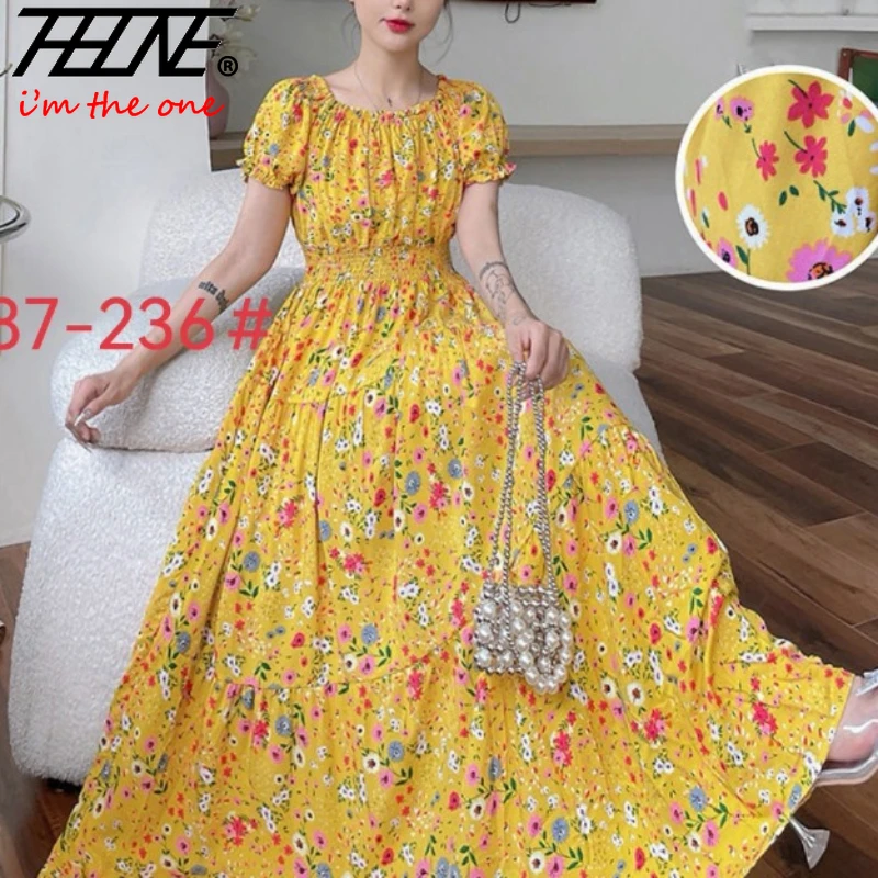 Robe maxi longue en coton et lin pour femme, vêtements indiens, bohème, floral, manches courtes, style coréen décontracté, été