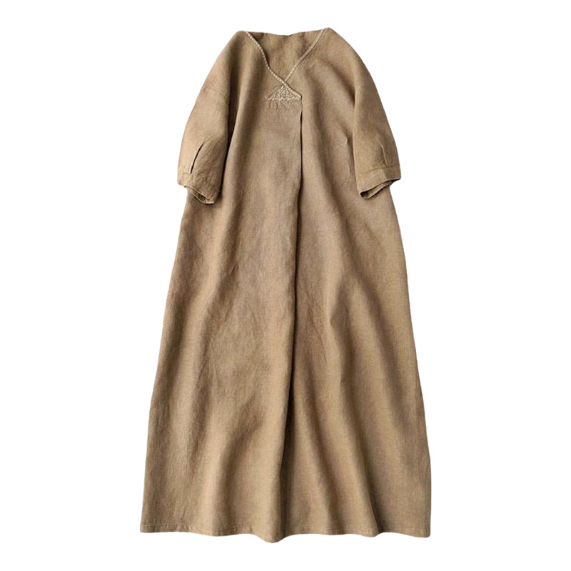 Robe Midi Confortable en Coton et Lin à Col en V pour Femme, Grande Taille, Modèle d'Été Ample à Manches Courtes, Design Artistique