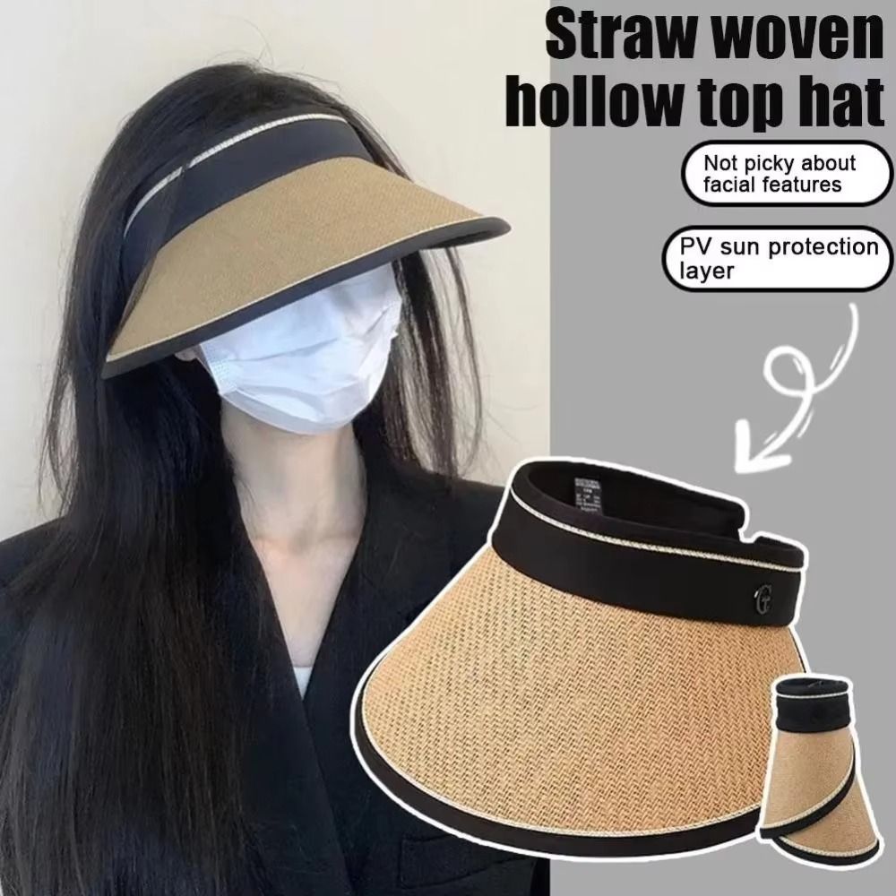 Chapeau de soleil d'été pour femmes et filles, portable, pliable, à large bord, protection UV, en paille, visière ouverte, idéal pour la plage