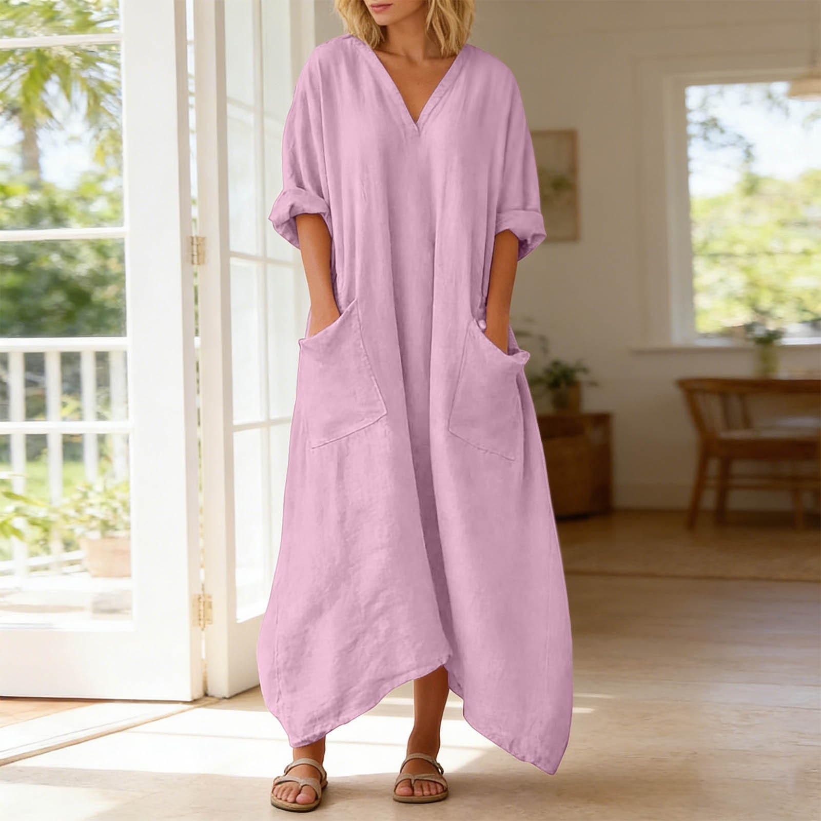 Robe d'été décontractée surdimensionnée pour femmes, col en V, manches 3/4, robes maxi avec poches, couleur unie, robe longue de plage pour les vacances