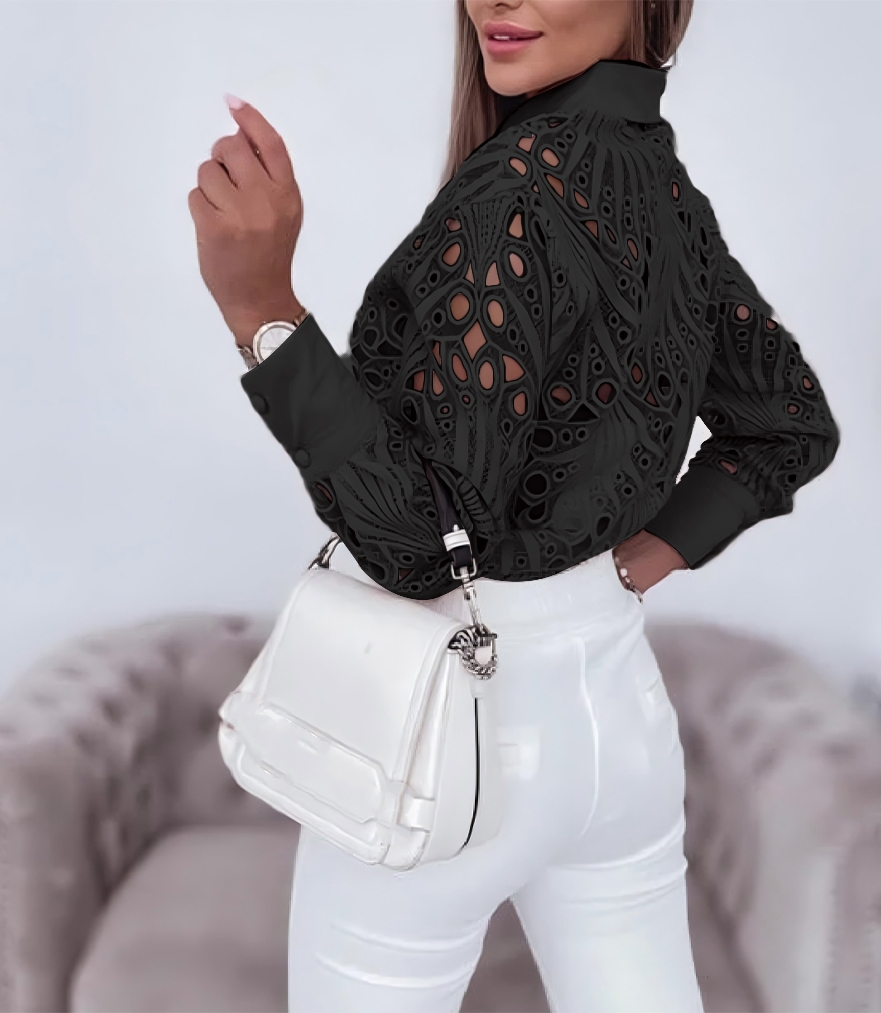 Chemisiers pour femmes chemise à manches longues évidée décontracté solide boutonné avec revers et devant ouvert Camisas Femininas